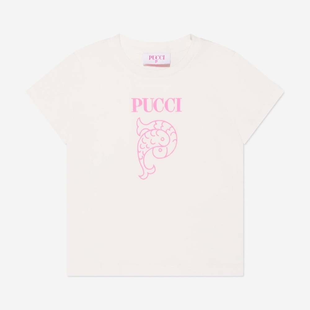 Kids White Pucci T-Shirt with Pink Logo